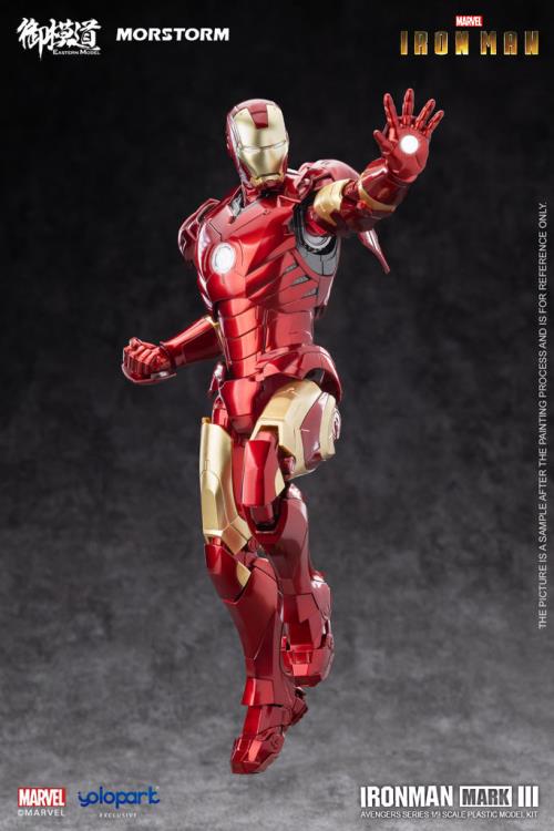 This 1/9 scale Eastern Model Morstorm Marvel Iron Man Mark III model features plastic and die-cast parts for a more real feel. Once assembled, this kit becomes a fully articulated figure with a diorama display and stand.