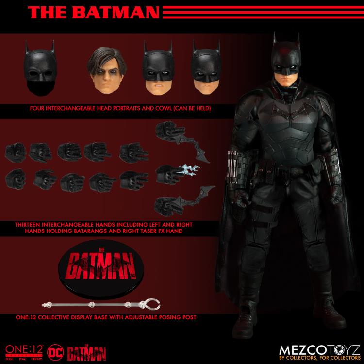 The Batman is outfitted in a screen-accurate armored Batsuit with chest insignia. The costume features an integrated posing wire in the cape, utility belt, a thigh pouch, and two vambrace. Batman comes complete with four head portraits including an unmasked Bruce Wayne portrait, all featuring the likeness of actor Robert Pattinson. Equipped with multiple Batarangs, sticky bombs, handcuffs, grapple launcher, and smoke bombs, Batman fights crime in the wet and grimy streets of Gotham.