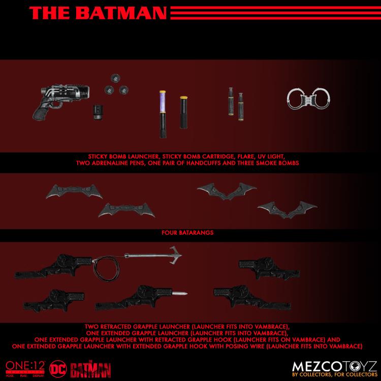 The Batman is outfitted in a screen-accurate armored Batsuit with chest insignia. The costume features an integrated posing wire in the cape, utility belt, a thigh pouch, and two vambrace. Batman comes complete with four head portraits including an unmasked Bruce Wayne portrait, all featuring the likeness of actor Robert Pattinson. Equipped with multiple Batarangs, sticky bombs, handcuffs, grapple launcher, and smoke bombs, Batman fights crime in the wet and grimy streets of Gotham.