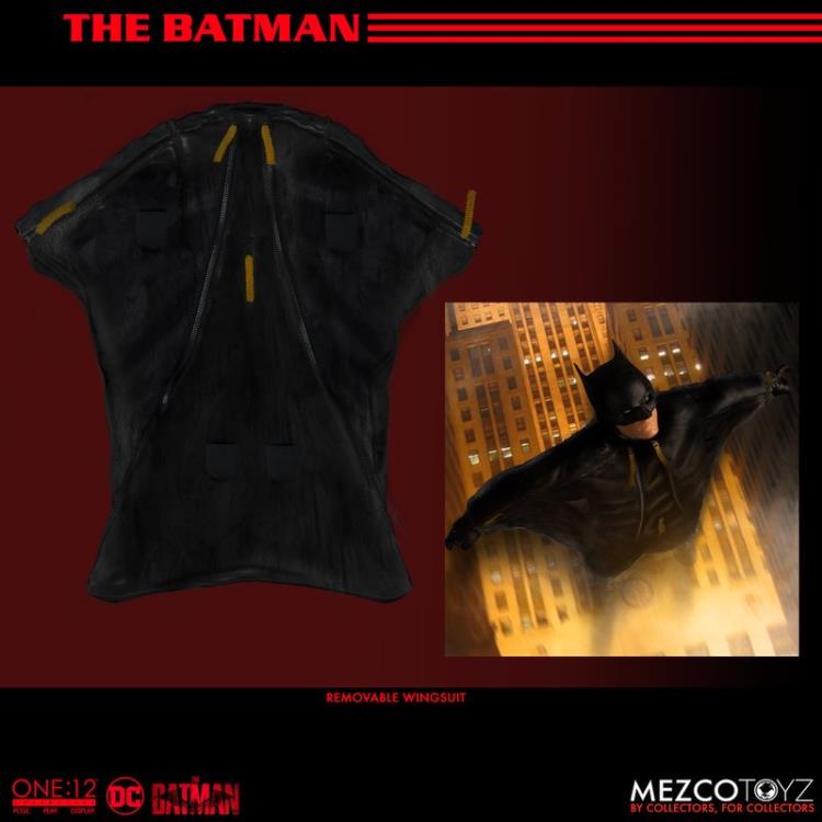 The Batman is outfitted in a screen-accurate armored Batsuit with chest insignia. The costume features an integrated posing wire in the cape, utility belt, a thigh pouch, and two vambrace. Batman comes complete with four head portraits including an unmasked Bruce Wayne portrait, all featuring the likeness of actor Robert Pattinson. Equipped with multiple Batarangs, sticky bombs, handcuffs, grapple launcher, and smoke bombs, Batman fights crime in the wet and grimy streets of Gotham.