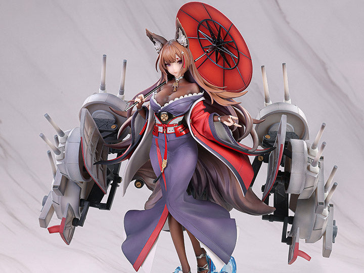 From the popular mobile game Azur Lane comes a figure of the battlecruiser, Amagi. Amagi appears in her purple and red outfit and a bright red coat and is holding an umbrella. This version features Amagi with her memorable ship parts. A fantastic addition for any Azur Lane fan looking to add to their display!