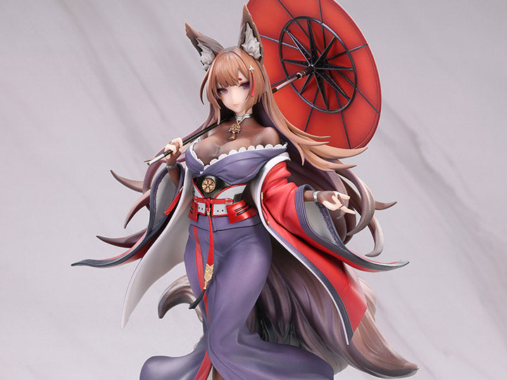 From the popular mobile game Azur Lane comes a figure of the battlecruiser, Amagi. Amagi appears in her purple and red outfit and a bright red coat and is holding an umbrella. This version removes her ship parts, focusing more on her flowing hair, coat and skirt. A great addition for any Azur Lane fan looking to add to their display!