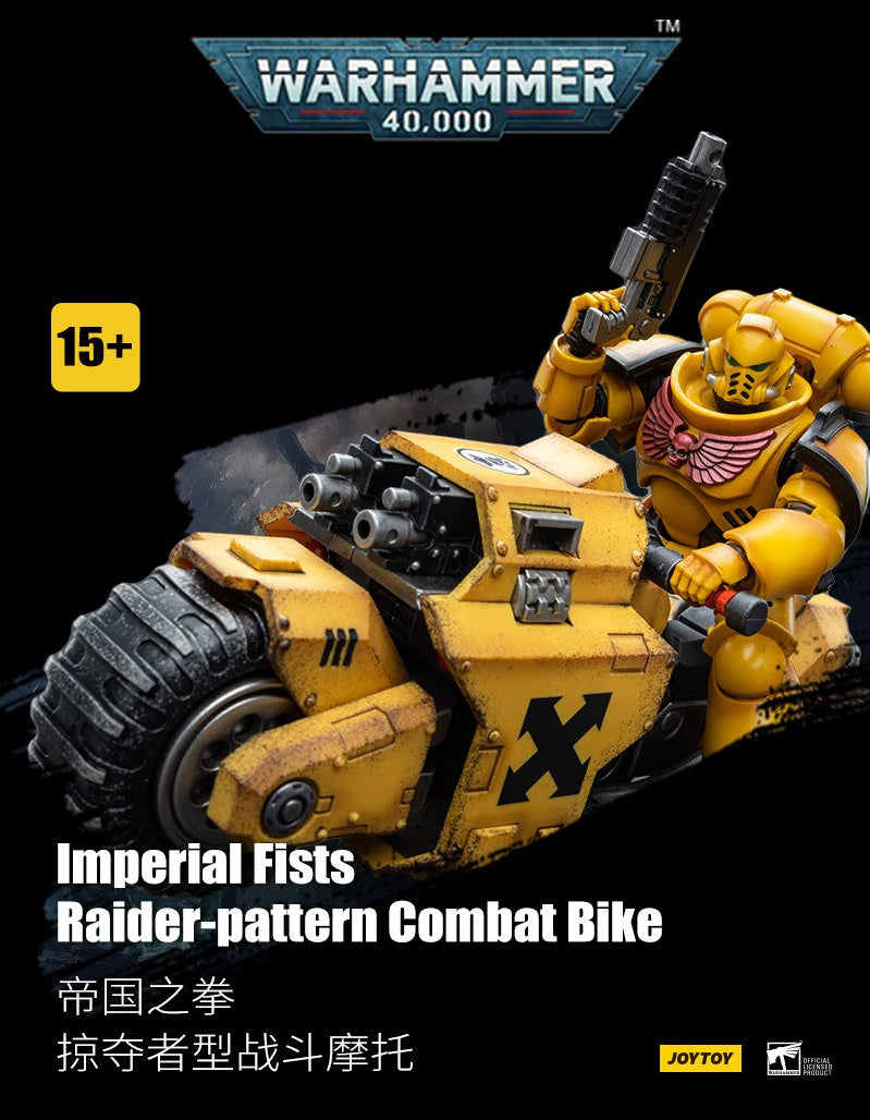 The Imperial Fists are one of the First Founding Chapters of the Space Marines and were originally the VIIthLegion of the Legiones Astartes raised by the Emperor Himself from across Terra during the Unification Wars.  Joy Toy brings the Imperial Fists from Warhammer 40k to life with this new series of 1/18 scale figures. The Raider-Pattern Combat Bike is 8.66 inches with articulated joints and an impressive level of detail and coloring.
