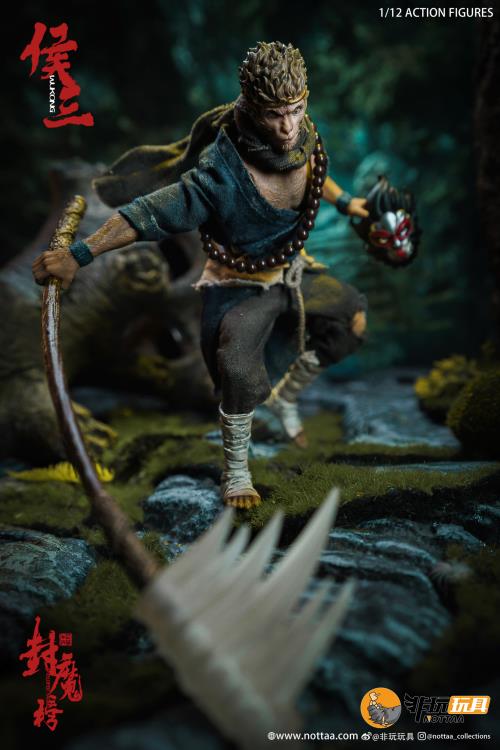 This 1/12 scale articulated figure of the martial artist monk Wukong measures around 6.5 inches tall and features real fabric clothing, alternate hands, monkey mask, beaded necklace, 2 bananas, and his monk staff. This deluxe version also comes with an alternate monkey head sculpt, golden palm effect, 2 ape forearms with fists, wind effects, and 2 extra staffs. 