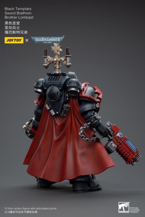 This is a 1/18 scale highly detailed, articulated figure based on Warhammer 40k's Brother Lombast of the Black Templars Sword Brethren. The Brother Lombast figure stands just over 5 inches tall and comes with several interchangeable parts and accessories, opening the door to a plethora of different and unique display opportunities.