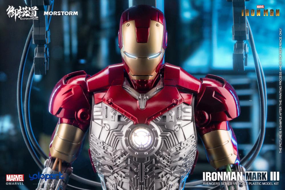 This 1/9 scale Eastern Model Morstorm Marvel Iron Man Mark III model features plastic and die-cast parts for a more real feel. Once assembled, this kit becomes a fully articulated figure with a diorama display and stand.