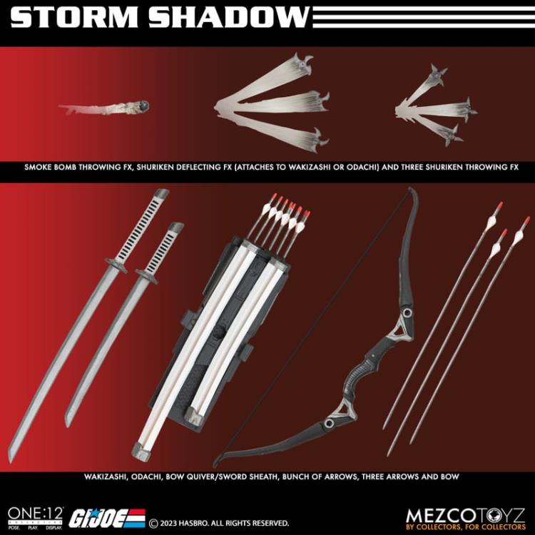 Enter Storm Shadow, Cobra Commander’s ninja bodyguard and latest addition to the One:12 Collective! The One:12 Collective Storm Shadow is outfitted in a short-sleeved karategi with Cobra insignia, shin guards, and tabi boots. His chest harness can hold 3 kunai in the front and his quiver in the back, and his thigh sheath can hold his nunchaku. Storm Shadow comes complete with two masked head portraits with different facial expressions, and 1 unmasked portrait.