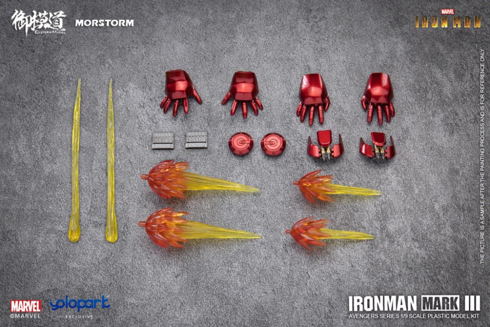 This 1/9 scale Eastern Model Morstorm Marvel Iron Man Mark III model features plastic and die-cast parts for a more real feel. Once assembled, this kit becomes a fully articulated figure with a diorama display and stand.