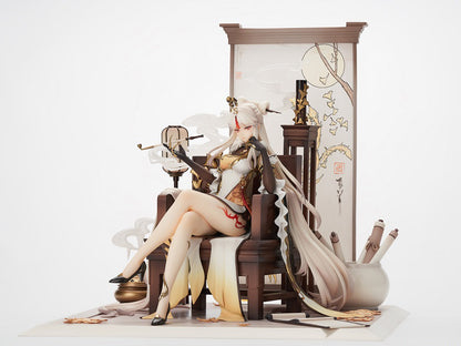From the popular miHoYo video game Genshin Impact comes a beautiful 1/7th scale figure of Ningguang! Sitting in her throne with sculpted smoke drifting around her, Ninguang measures around 10 by 12 inches on her diorama.