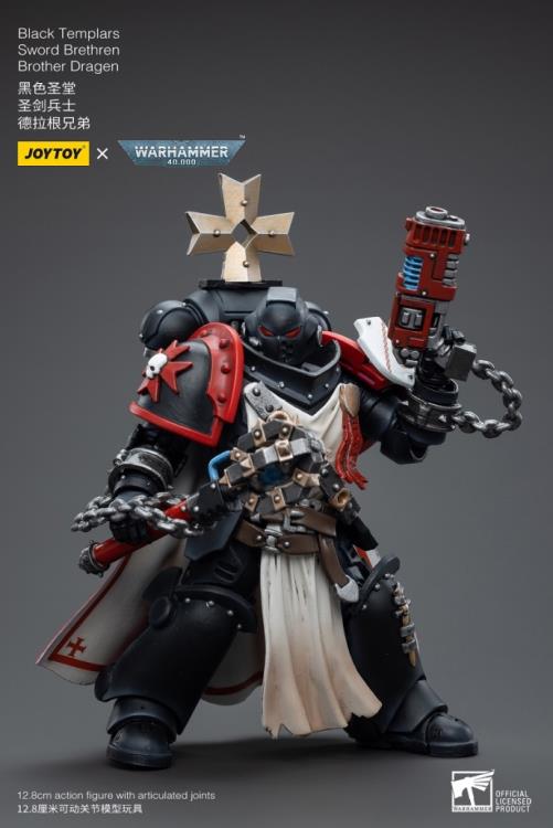 This is a 1/18 scale highly detailed, articulated figure based on Warhammer 40k's Brother Dragen of the Black Templars Sword Brethren. The Brother Dragen figure stands just over 5 inches tall and comes with several interchangeable parts and accessories, opening the door to a plethora of different and unique display opportunities.