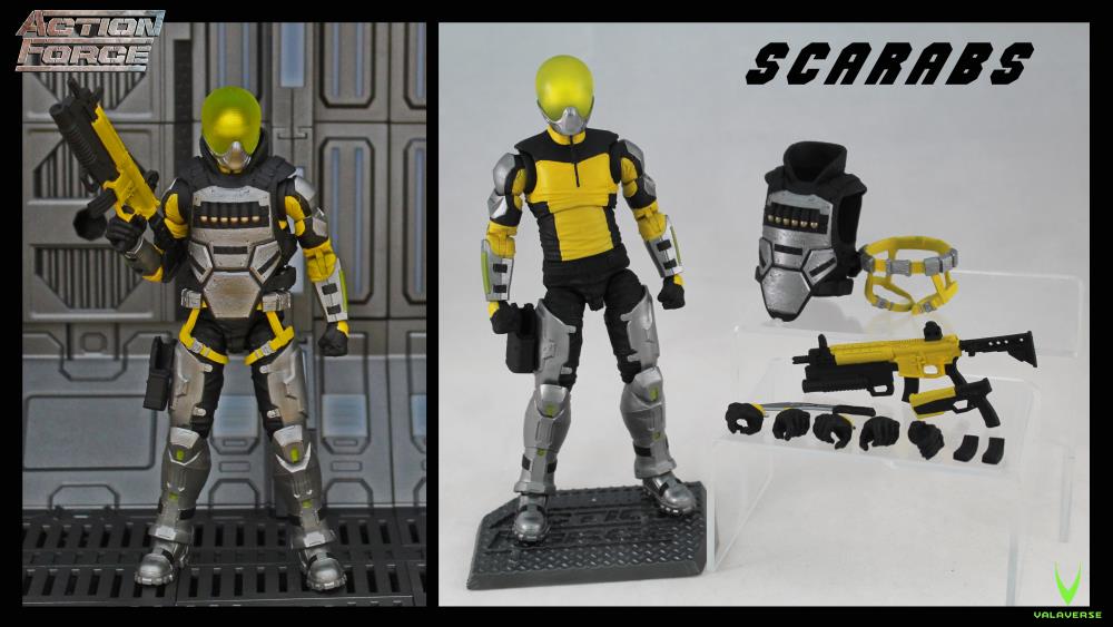 Valaverse is excited to introduce Scarabs to the premium action figure line, Action Force. The Scarabs figure features over 30 points of articulation, multiple accessories, and an Action Force display stand to place him anywhere.