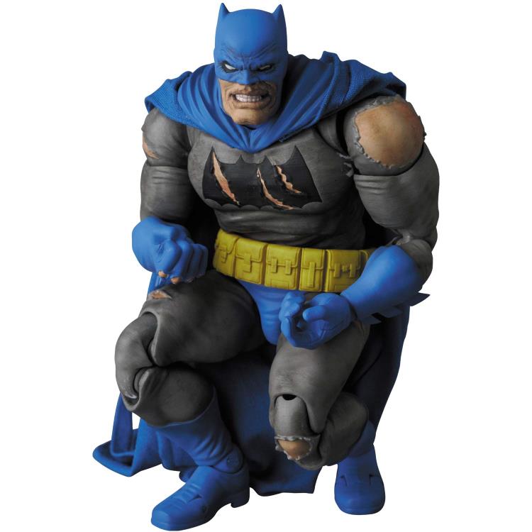 Based on his appearance from DC Comics' The Dark Knight Returns: Triumphant series, this incredibly detailed figure of Batman stands about 6 inches tall. The Dark Knight features multiple battle wounds and weathering, with two interchangeable heads, a removable cowl, and a fabric cape with wired edges for easy posing. His weapons include 4 batarangs, interchangeable hands, and a figure stand.