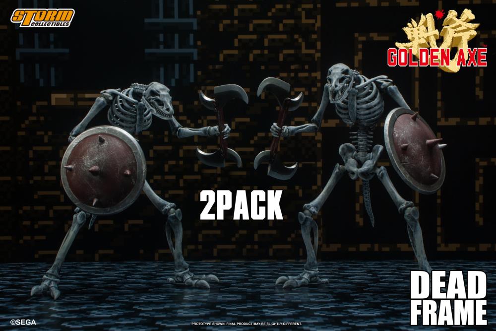 This 1/12 scale figure set is based on the Dead Frame from Golden Axe III. Dead Frames are the bones of an ancient evil monster that has been brought back to life by the magic of Damned Hellstrike. The figures come with multiple interchangeable hands, bladed scythes and shields. 