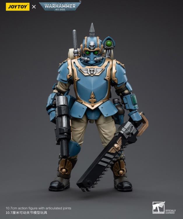 This is a 1/18 scale highly detailed, articulated figure based on Warhammer 40k's Tempestor of the Astra Militarum Tempestus 55th Kappic Eagles. The Tempestor figure stands about 4.20 inches tall and comes with several interchangeable parts and accessories, opening the door to a plethora of different and unique display opportunities.