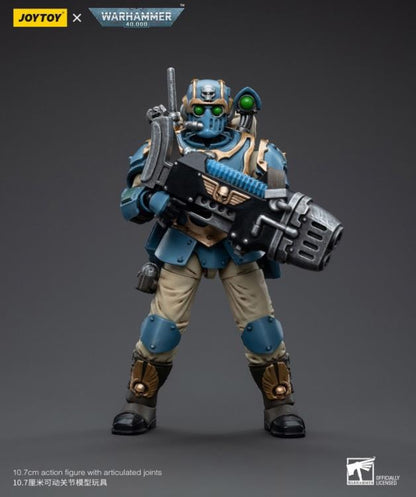 This is a 1/18 scale highly detailed, articulated figure based on Warhammer 40k's Plasma Gunner of the Astra Militarum Tempestus 55th Kappic Eagles. The Plasma Gunner figure stands about 4.20 inches tall and comes with several interchangeable parts and accessories, opening the door to a plethora of different and unique display opportunities.