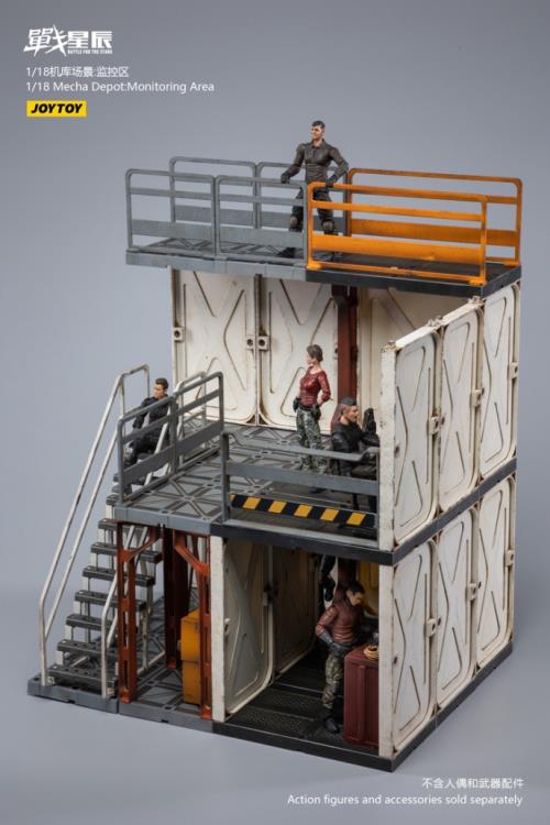 Joy Toy brings even more incredibly detailed 1/18 scale dioramas to life with this mecha depot monitoring area diorama! JoyToy set includes flooring, a pair of lower deck rooms, a monitoring room, railings, and a staircase.