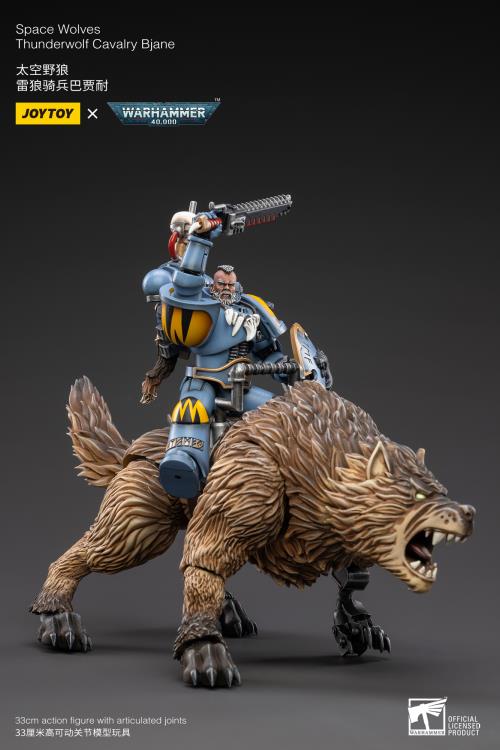 From Joy Toy, the Mountains of the Maelstrom come the legendary Space Wolves Thunderwolf, Cavalry Bjane and Frode ride into battle on his giant wolf as a detailed 1/8 scale figure. Each JoyToy figure includes interchangeable hands and weapon accessories and stands between 4" and 6" tall.