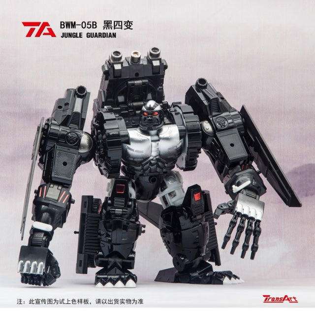 TransArt introduces their release BWM-05B Jungle Guardian!  Standing an impressive 9.4 inches in robot mode, BWM-05B is Masterpiece Scale and features 4 different modes: Robot,  Ape, Jet, and Armored Transport.  Comes in a metallic finish with die-cast parts. 