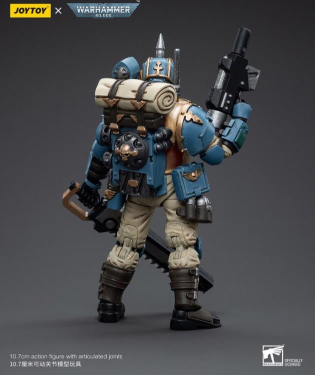 This is a 1/18 scale highly detailed, articulated figure based on Warhammer 40k's Tempestor of the Astra Militarum Tempestus 55th Kappic Eagles. The Tempestor figure stands about 4.20 inches tall and comes with several interchangeable parts and accessories, opening the door to a plethora of different and unique display opportunities.