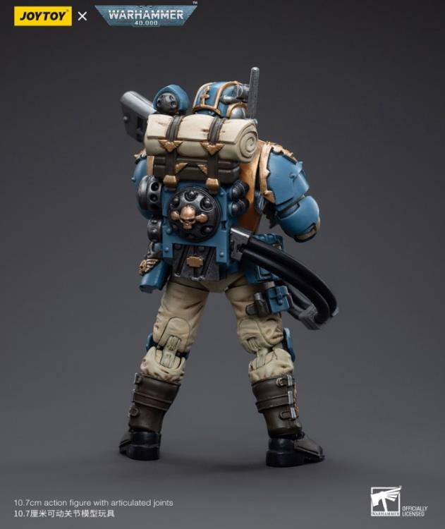 This is a 1/18 scale highly detailed, articulated figure based on Warhammer 40k's Hot-Shot Volley Gunner of the Astra Militarum Tempestus 55th Kappic Eagles. The Volley Gunner figure stands about 4.20 inches tall and comes with several interchangeable parts and accessories, opening the door to a plethora of different and unique display opportunities.