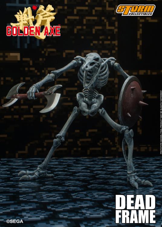 This 1/12 scale figure set is based on the Dead Frame from Golden Axe III. Dead Frames are the bones of an ancient evil monster that has been brought back to life by the magic of Damned Hellstrike. The figures come with multiple interchangeable hands, bladed scythes and shields. 