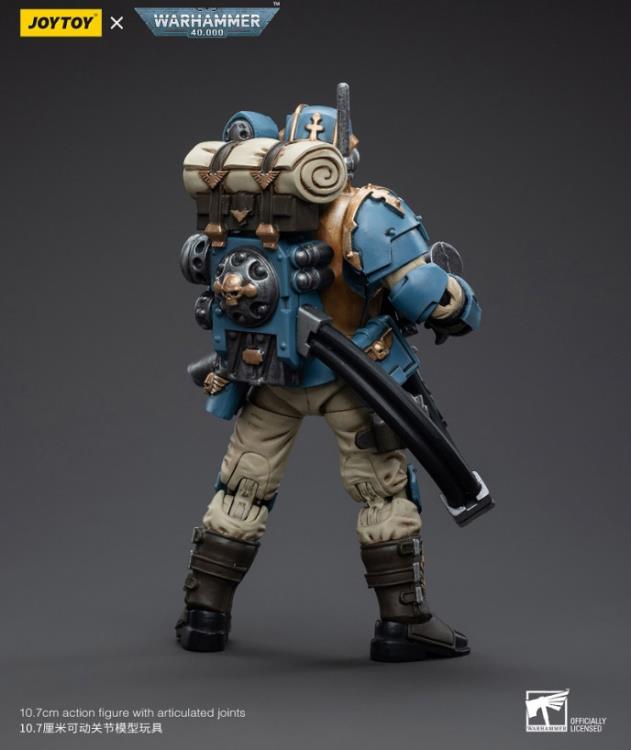 This is a 1/18 scale highly detailed, articulated figure based on Warhammer 40k's Tempestus Scion 2 of the Astra Militarum Tempestus 55th Kappic Eagles. The Tempestus Scion 2 figure stands about 4.20 inches tall and comes with several interchangeable parts and accessories, opening the door to a plethora of different and unique display opportunities.