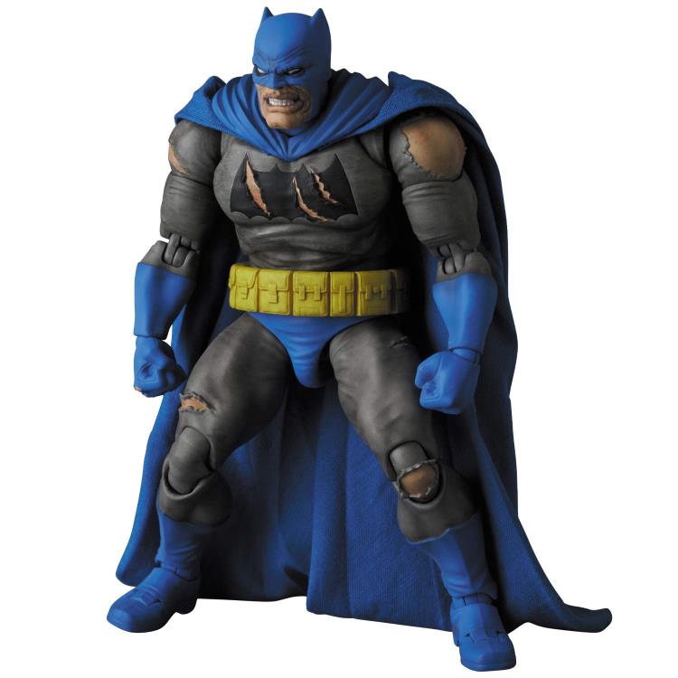 Based on his appearance from DC Comics' The Dark Knight Returns: Triumphant series, this incredibly detailed figure of Batman stands about 6 inches tall. The Dark Knight features multiple battle wounds and weathering, with two interchangeable heads, a removable cowl, and a fabric cape with wired edges for easy posing. His weapons include 4 batarangs, interchangeable hands, and a figure stand.