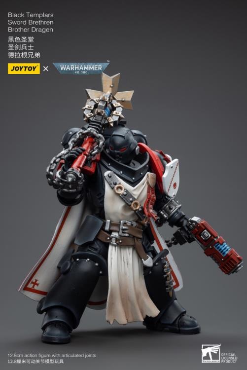 This is a 1/18 scale highly detailed, articulated figure based on Warhammer 40k's Brother Dragen of the Black Templars Sword Brethren. The Brother Dragen figure stands just over 5 inches tall and comes with several interchangeable parts and accessories, opening the door to a plethora of different and unique display opportunities.