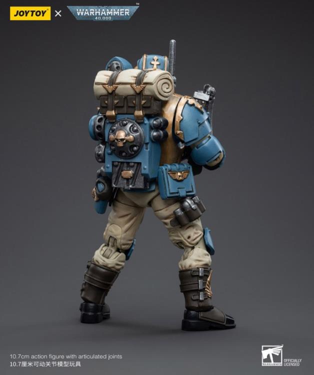 This is a 1/18 scale highly detailed, articulated figure based on Warhammer 40k's Plasma Gunner of the Astra Militarum Tempestus 55th Kappic Eagles. The Plasma Gunner figure stands about 4.20 inches tall and comes with several interchangeable parts and accessories, opening the door to a plethora of different and unique display opportunities.