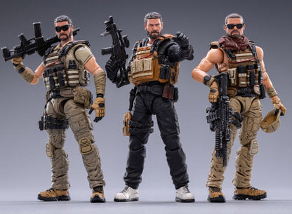 Joy Toy set of Mercenary Kahn, Mercenary Johnny, and Mercenary K figures is incredibly detailed in 1/18 scale. JoyToy, each figure is highly articulated and includes weapon accessories as well as several pieces of removable gear.