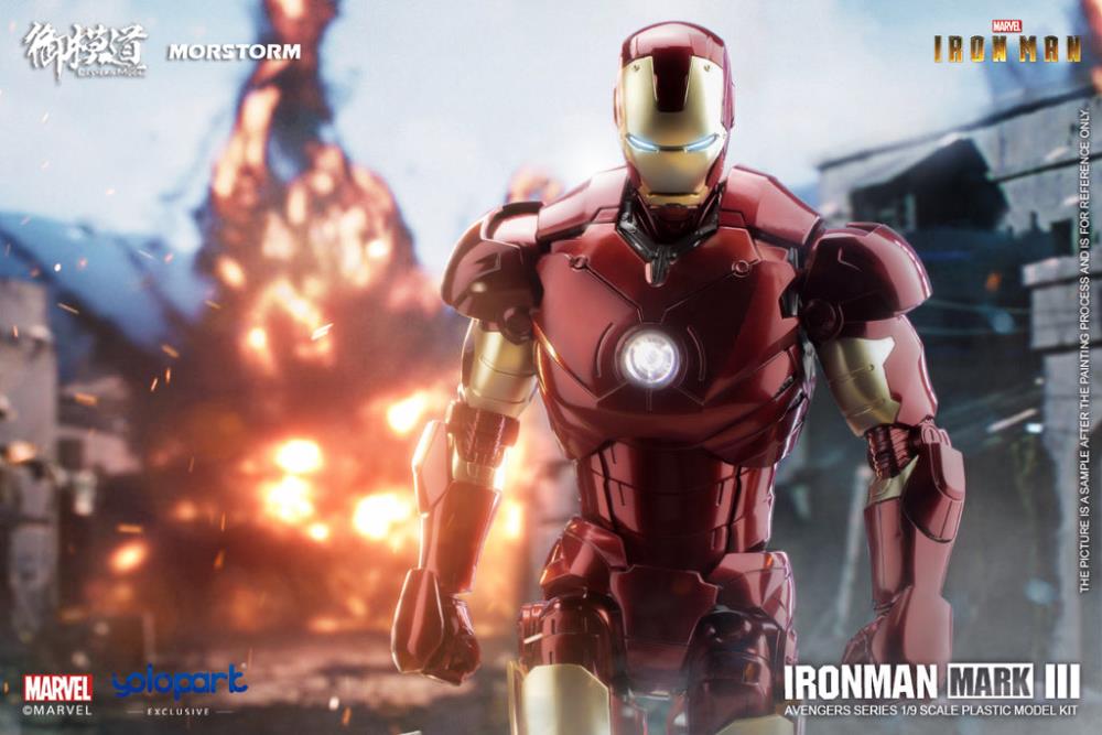 This 1/9 scale Eastern Model Morstorm Marvel Iron Man Mark III model features plastic and die-cast parts for a more real feel. Once assembled, this kit becomes a fully articulated figure with a diorama display and stand.