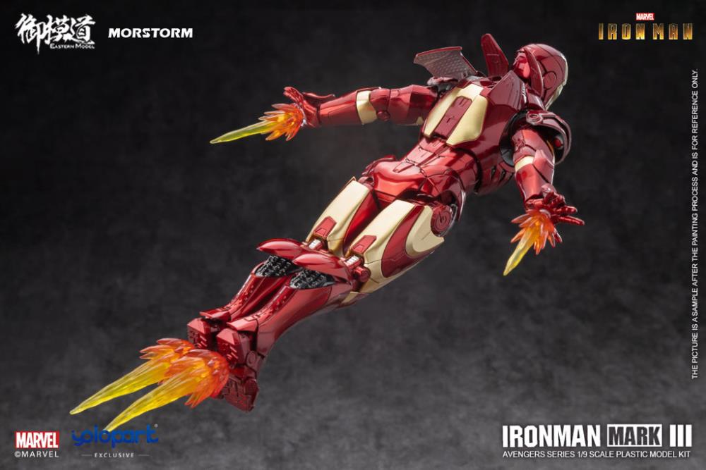 This 1/9 scale Eastern Model Morstorm Marvel Iron Man Mark III model features plastic and die-cast parts for a more real feel. Once assembled, this kit becomes a fully articulated figure with a diorama display and stand.