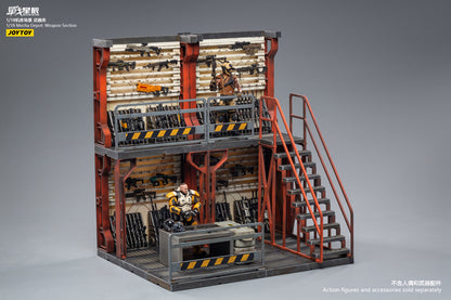 Joy Toy brings even more incredibly detailed 1/18 scale dioramas to life with this mecha depot weaponry diorama! JoyToy set includes flooring, a weapon-holding wall, and a staircase leading up to an upper railed walkway.