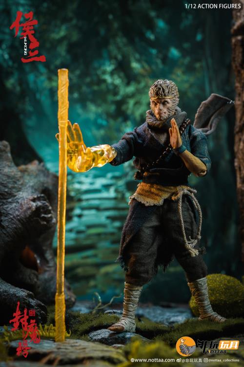 This 1/12 scale articulated figure of the martial artist monk Wukong measures around 6.5 inches tall and features real fabric clothing, alternate hands, monkey mask, beaded necklace, 2 bananas, and his monk staff. This deluxe version also comes with an alternate monkey head sculpt, golden palm effect, 2 ape forearms with fists, wind effects, and 2 extra staffs. 