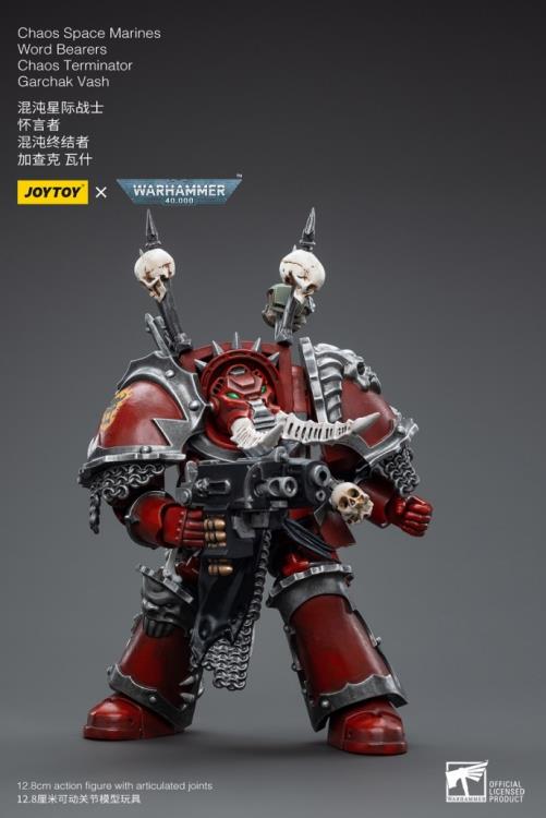 This is a 1/18 scale highly detailed, articulated figure based on Warhammer 40k's Chaos Terminator Garchak Vash of the Chaos Space Marines Word Bearers. The Chaos Terminator Garchak Vash figure stands just over 5 inches tall and comes with several interchangeable parts and accessories, opening the door to a plethora of different and unique display opportunities.