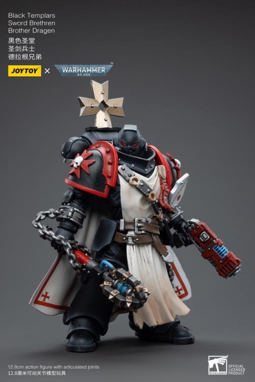 This is a 1/18 scale highly detailed, articulated figure based on Warhammer 40k's Brother Dragen of the Black Templars Sword Brethren. The Brother Dragen figure stands just over 5 inches tall and comes with several interchangeable parts and accessories, opening the door to a plethora of different and unique display opportunities.