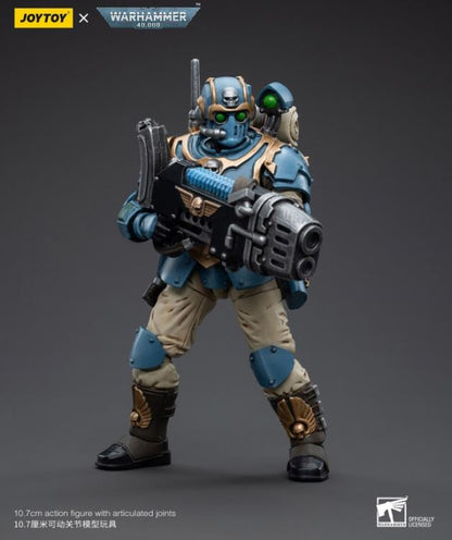 This is a 1/18 scale highly detailed, articulated figure based on Warhammer 40k's Plasma Gunner of the Astra Militarum Tempestus 55th Kappic Eagles. The Plasma Gunner figure stands about 4.20 inches tall and comes with several interchangeable parts and accessories, opening the door to a plethora of different and unique display opportunities.