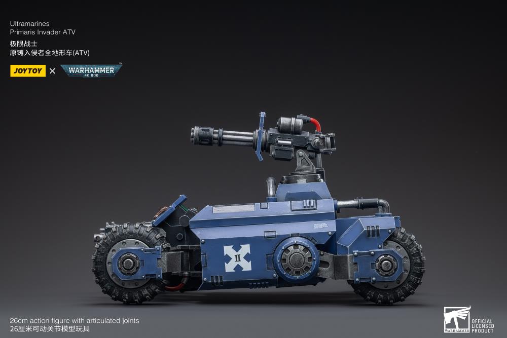 The most Joy Toy elite of the Space Marine Chapters in the Imperium of Man, Joy Toy brings the Ultramarines from Warhammer 40k to life with this new series of 1/18 scale figures and accessories. JoyToy 1/18 scale ATV features four big tread wheels and a large turret gun affixed to the back. 