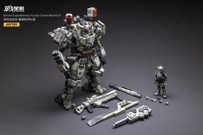 Joy Toy's military vehicle series continues with the Tyrant Mecha 01 and pilot figures! Each 1/18 scale articulated military mech and pilot features intricate details on a small scale and comes with equally-sized weapons and accessories.