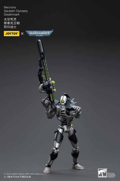 This is a Joy Toy 1/18 scale highly detailed, articulated figure based on Warhammer 40k's Immortal Necron from the Sautekh Dynasty. The Immortal JoyToy Necron figure stands just over 4 inches tall and comes with several interchangeable parts and accessories, opening the door to a plethora of different and unique display opportunities.