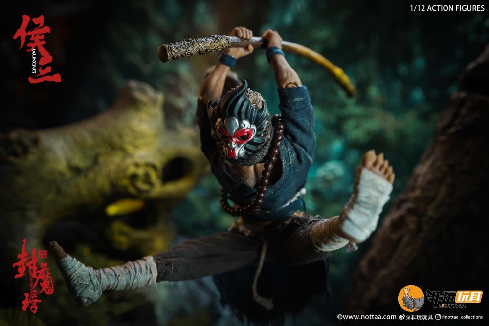 This 1/12 scale articulated figure of the martial artist monk Wukong measures around 6.5 inches tall and features real fabric clothing, alternate hands, monkey mask, beaded necklace, 2 bananas, and his monk staff. This deluxe version also comes with an alternate monkey head sculpt, golden palm effect, 2 ape forearms with fists, wind effects, and 2 extra staffs. 