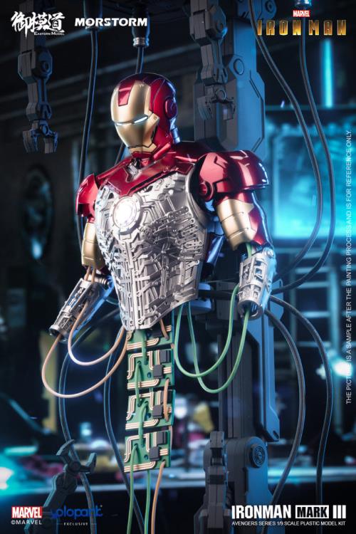 This 1/9 scale Eastern Model Morstorm Marvel Iron Man Mark III model features plastic and die-cast parts for a more real feel. Once assembled, this kit becomes a fully articulated figure with a diorama display and stand.