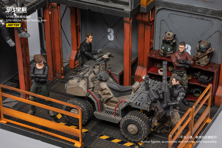 Joy Toy brings even more incredibly detailed 1/18 scale dioramas to life with this mecha depot testing area diorama! This set includes flooring, a lower deck room, railings, and a staircase.