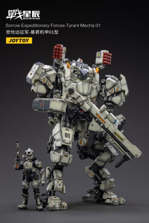 Joy Toy's military vehicle series continues with the Tyrant Mecha 01 and pilot figures! JoyToy 1/18 scale articulated military mech and pilot features intricate details on a small scale and comes with equally-sized weapons and accessories.