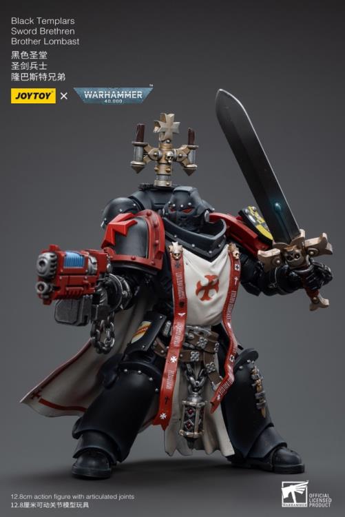 This is a 1/18 scale highly detailed, articulated figure based on Warhammer 40k's Brother Lombast of the Black Templars Sword Brethren. The Brother Lombast figure stands just over 5 inches tall and comes with several interchangeable parts and accessories, opening the door to a plethora of different and unique display opportunities.