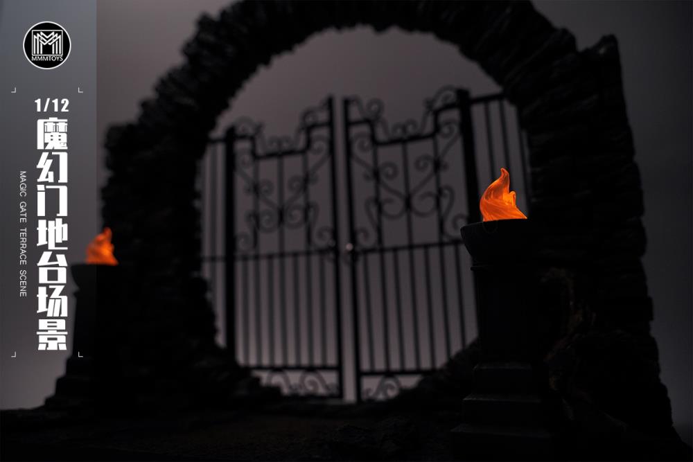 Create unique fantasy displays with this 1/12 scale Magic Gate Terrace Scene M2235. The torch stands light up and the gate can be opened or closed.