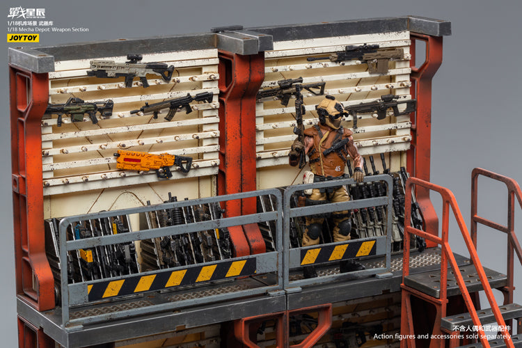 Joy Toy brings even more incredibly detailed 1/18 scale dioramas to life with this mecha depot weaponry diorama! JoyToy set includes flooring, a weapon-holding wall, and a staircase leading up to an upper railed walkway.