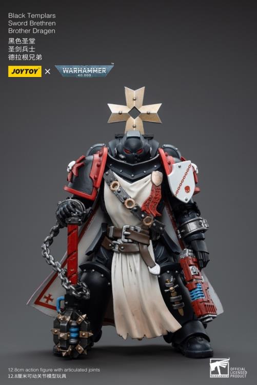 This is a 1/18 scale highly detailed, articulated figure based on Warhammer 40k's Brother Dragen of the Black Templars Sword Brethren. The Brother Dragen figure stands just over 5 inches tall and comes with several interchangeable parts and accessories, opening the door to a plethora of different and unique display opportunities.