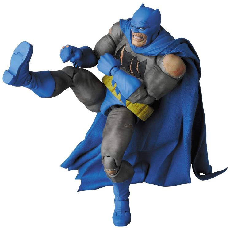 Based on his appearance from DC Comics' The Dark Knight Returns: Triumphant series, this incredibly detailed figure of Batman stands about 6 inches tall. The Dark Knight features multiple battle wounds and weathering, with two interchangeable heads, a removable cowl, and a fabric cape with wired edges for easy posing. His weapons include 4 batarangs, interchangeable hands, and a figure stand.