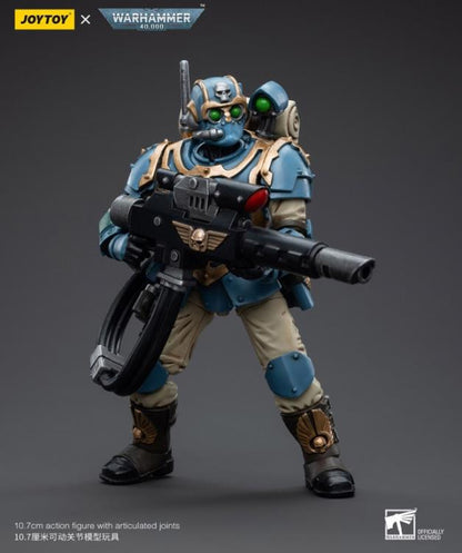 This is a 1/18 scale highly detailed, articulated figure based on Warhammer 40k's Tempestus Scion 2 of the Astra Militarum Tempestus 55th Kappic Eagles. The Tempestus Scion 2 figure stands about 4.20 inches tall and comes with several interchangeable parts and accessories, opening the door to a plethora of different and unique display opportunities.
